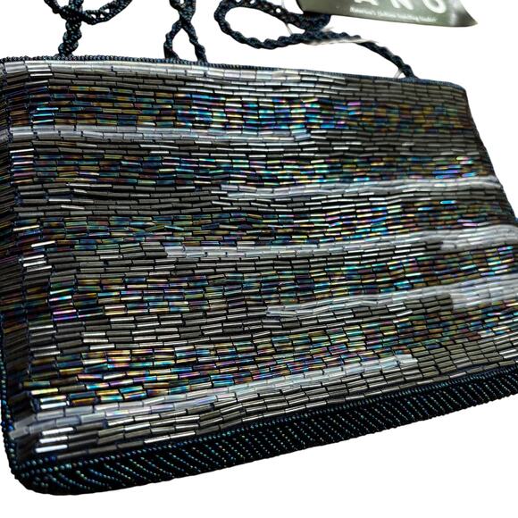 Vintage beaded evening bag black satin shoulderbag NEW tagged Tano 1990’s dressy - Picture 2 of 12